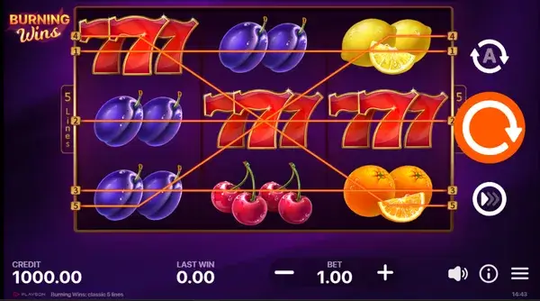 The five fixed paylines highlighted on the reels in Burning Wins